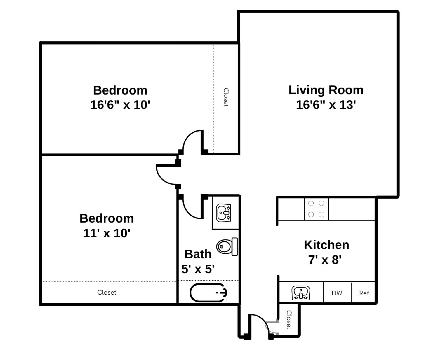 2 bedroom, one bathroom, small floor plan